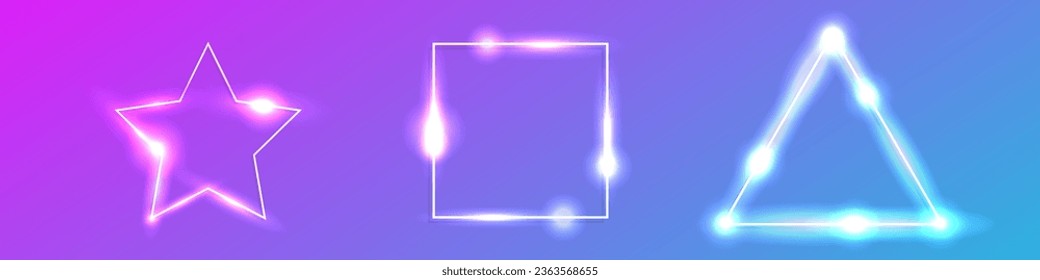 Set of three neon frames with shining effects on dark purple background. Empty glowing techno backdrop. Vector illustration