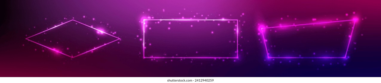 Set of three neon frames with shining effects and sparkles on dark purple background. Empty glowing techno backdrop. Vector illustration
