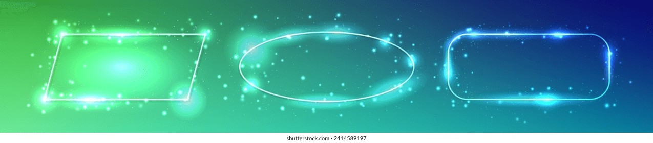Set of three neon frames with shining effects and sparkles on dark green background. Empty glowing techno backdrop. Vector illustration