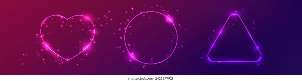 Set of three neon frames with shining effects and sparkles on dark purple background. Empty glowing techno backdrop. Vector illustration