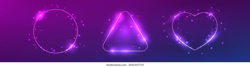 Set of three neon frames with shining effects and sparkles on dark purple background. Empty glowing techno backdrop. Vector illustration