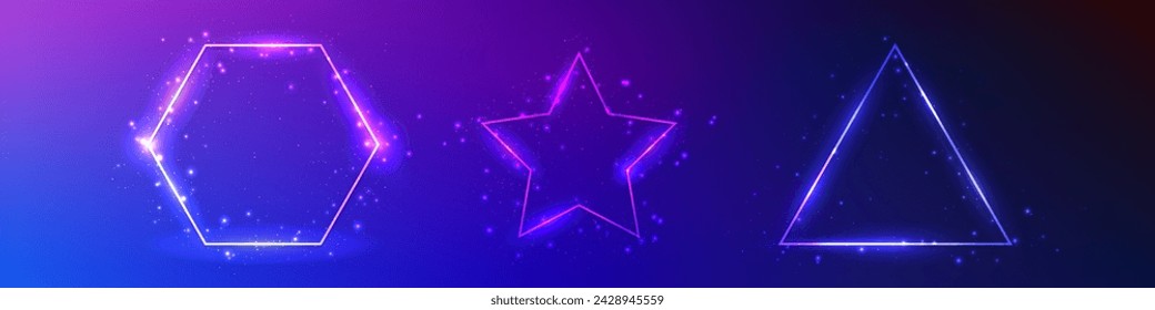 Set of three neon frames with shining effects and sparkles on dark blue background. Empty glowing techno backdrop. Vector illustration