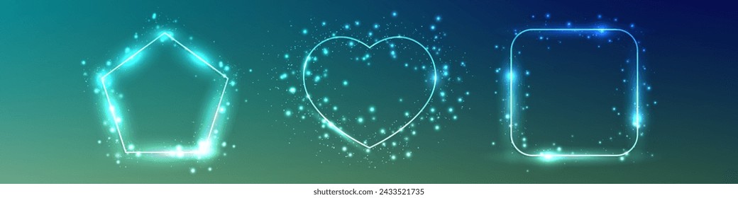 Set of three neon frames with shining effects and sparkles on dark green background. Empty glowing techno backdrop. Vector illustration
