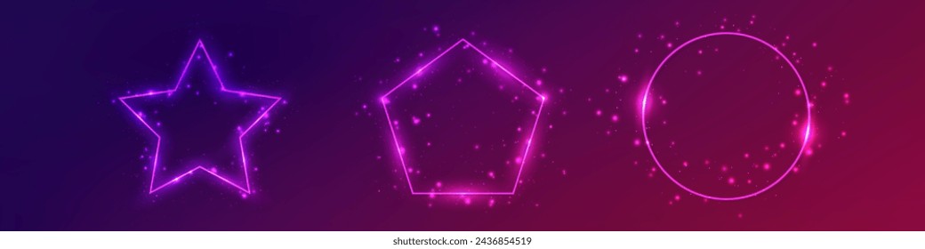Set of three neon frames with shining effects and sparkles on dark purple background. Empty glowing techno backdrop. Vector illustration