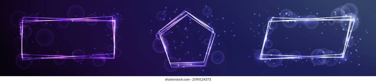 Set of three neon frames with shining effects and sparkles on dark blue background. Empty glowing techno backdrop. Vector illustration