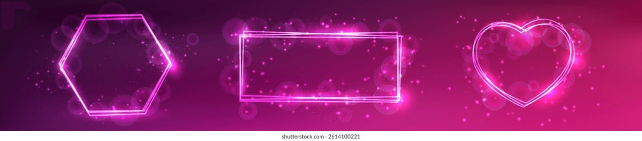 Set of three neon frames with shining effects and sparkles on pink background. Empty glowing techno backdrop. Vector illustration
