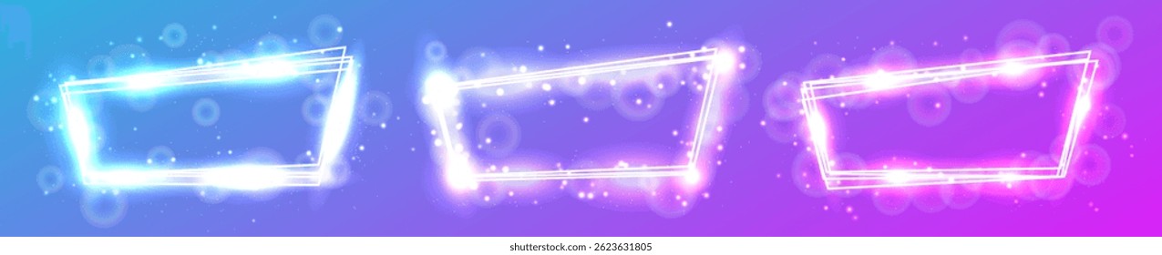 Set of three neon frames with shining effects and sparkles on purple background. Empty glowing techno backdrop. Vector illustration