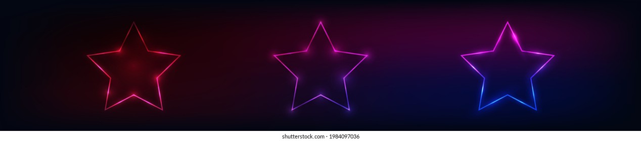 Set of three neon frames in star form with shining effects on dark background. Empty glowing techno backdrop. Vector illustration.