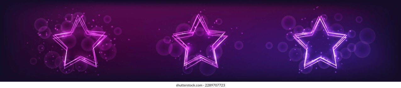 Set of three neon frames in star form with shining effects and sparkles on dark background. Empty glowing techno backdrop. Vector illustration