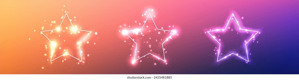 Set of three neon frames in star form with shining effects and sparkles on orange background. Empty glowing techno backdrop. Vector illustration