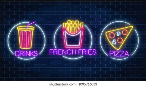 Set of three neon glowing signs of french fries, piece of pizza and soda drink in circle frames on a dark brick wall background. Fastfood light billboard symbol. Cafe menu item. Vector illustration.