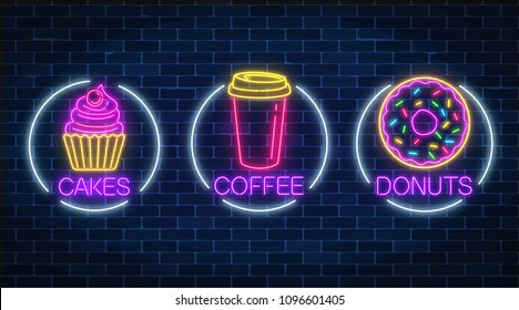 Set of three neon glowing signs of donut, cakes and coffee in circle frames on a dark brick wall background. Fastfood light billboard symbol. Cafe menu item. Vector illustration.