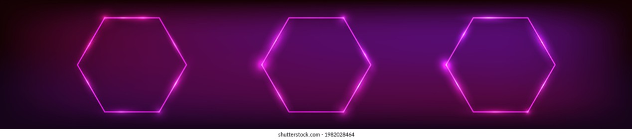 Set of three neon hexagon frames with shining effects on dark background. Empty glowing techno backdrop. Vector illustration.