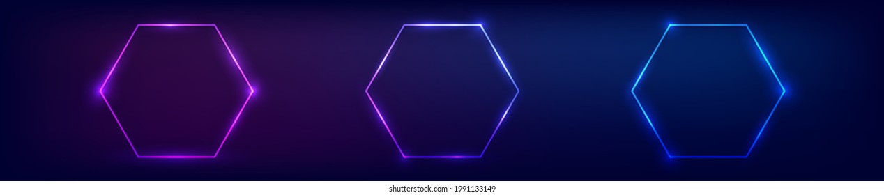 Set of three neon hexagon frames with shining effects on dark background. Empty glowing techno backdrop. Vector illustration.