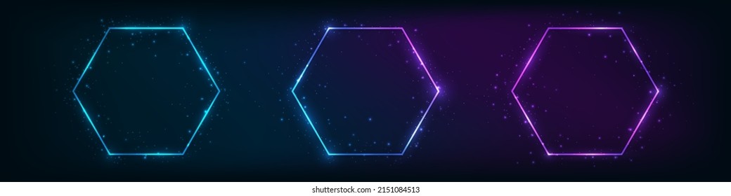 Set of three neon hexagon frames with shining effects on dark background. Empty glowing techno backdrop. Vector illustration