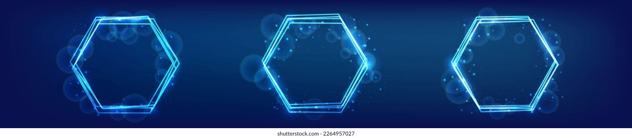 Set of three neon hexagon frames with shining effects and sparkles on dark background. Empty glowing techno backdrop. Vector illustration