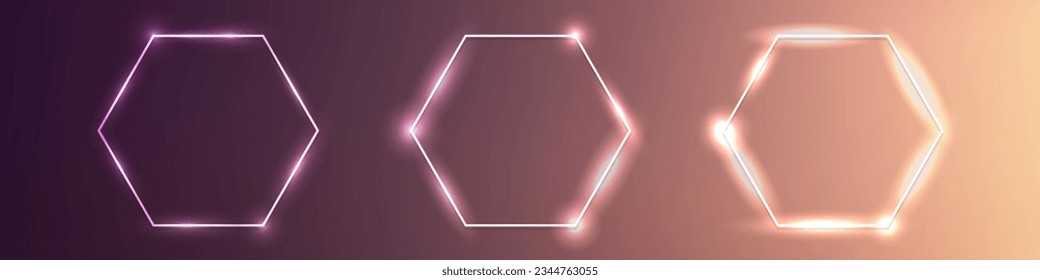 Set of three neon hexagon frames with shining effects on brown background. Empty glowing techno backdrop. Vector illustration