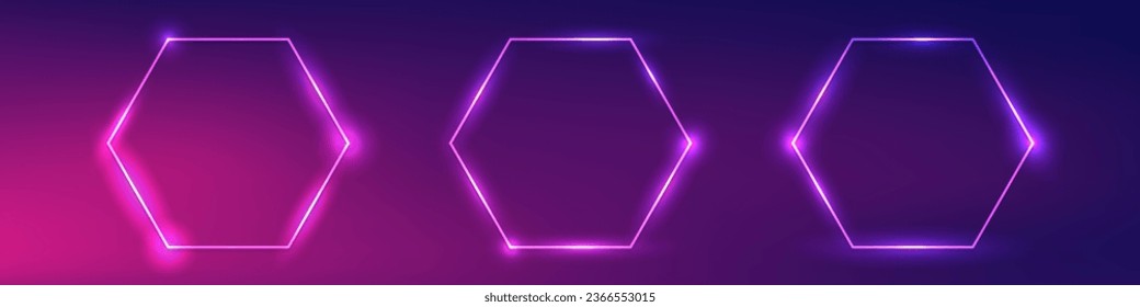 Set of three neon hexagon frames with shining effects on dark purple background. Empty glowing techno backdrop. Vector illustration