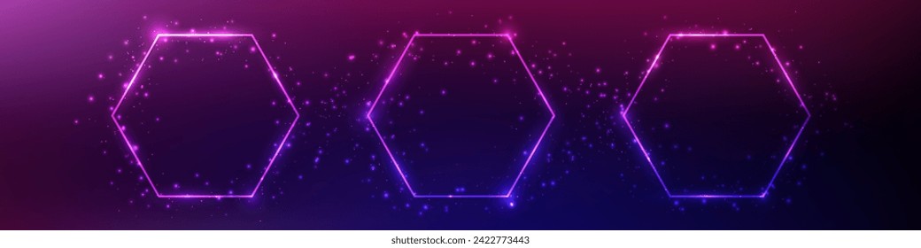 Set of three neon hexagon frames with shining effects and sparkles on dark purple background. Empty glowing techno backdrop. Vector illustration