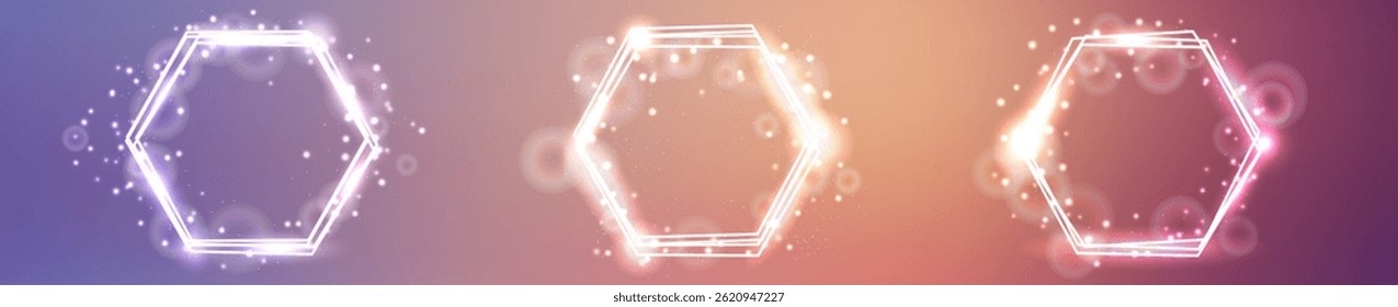 Set of three neon hexagon frames with shining effects and sparkles on brown background. Empty glowing techno backdrop. Vector illustration