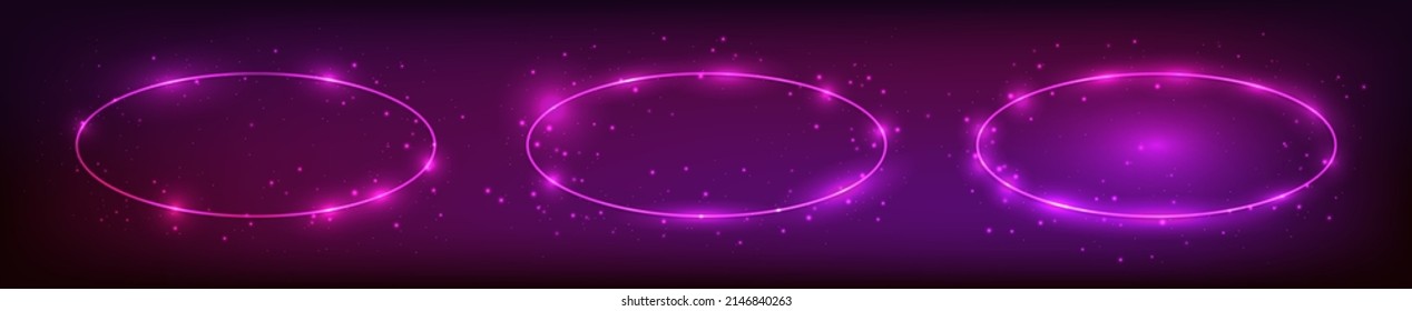 Set of three neon oval frames with shining effects on dark background. Empty glowing techno backdrop. Vector illustration
