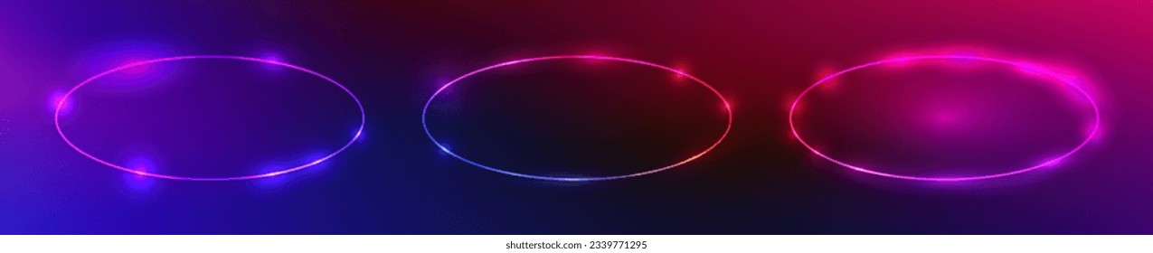 Set of three neon oval frames with shining effects on dark purple background. Empty glowing techno backdrop. Vector illustration