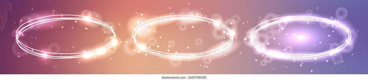 Set of three neon oval frames with shining effects and sparkles on brown background. Empty glowing techno backdrop. Vector illustration