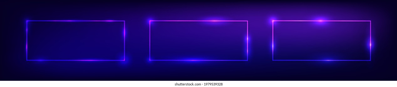 Set of three neon rectangular frames with shining effects on dark background. Empty glowing techno backdrop. Vector illustration.