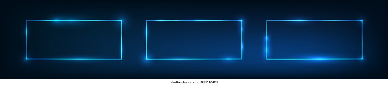 Set of three neon rectangular frames with shining effects on dark background. Empty glowing techno backdrop. Vector illustration.