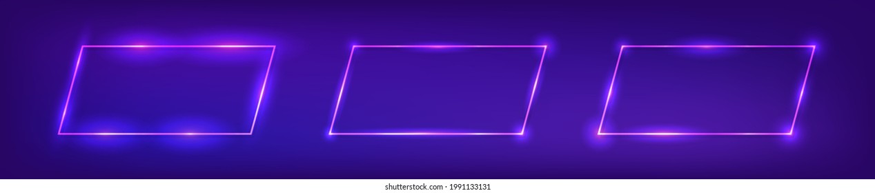 Set of three neon rectangular frames with shining effects on dark background. Empty glowing techno backdrop. Vector illustration.