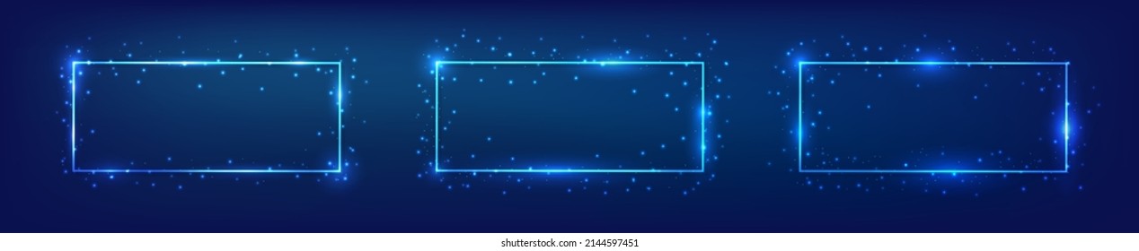 Set of three neon rectangular frames with shining effects and sparkles on dark background. Empty glowing techno backdrop. Vector illustration