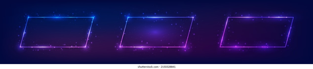 Set of three neon rectangular frames with shining effects and sparkles on dark background. Empty glowing techno backdrop. Vector illustration