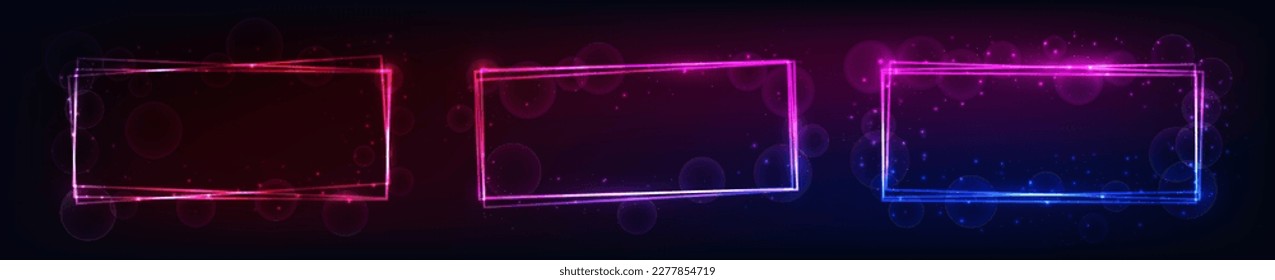 Set of three neon rectangular frames with shining effects and sparkles on dark background. Empty glowing techno backdrop. Vector illustration