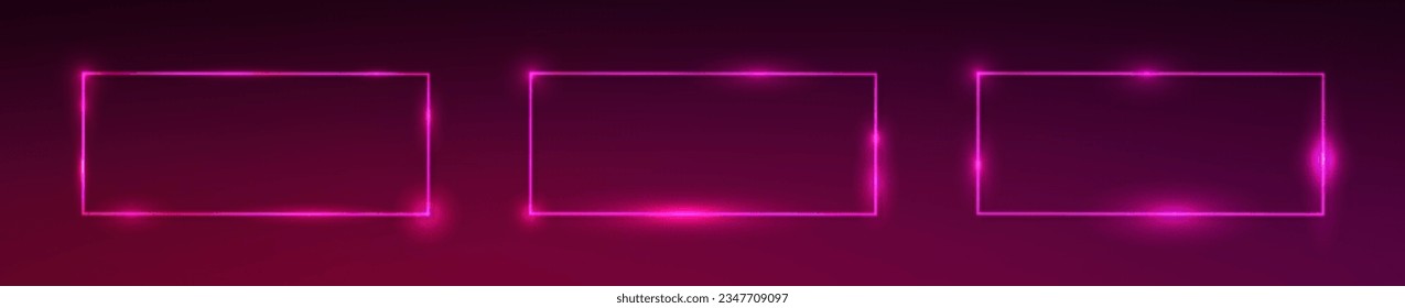 Set of three neon rectangular frames with shining effects on dark purple background. Empty glowing techno backdrop. Vector illustration