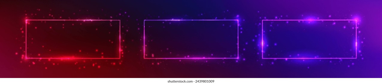 Set of three neon rectangular frames with shining effects and sparkles on dark purple background. Empty glowing techno backdrop. Vector illustration