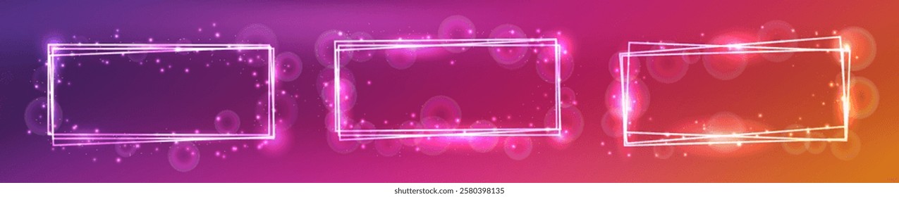 Set of three neon rectangular frames with shining effects and sparkles on orange background. Empty glowing techno backdrop. Vector illustration