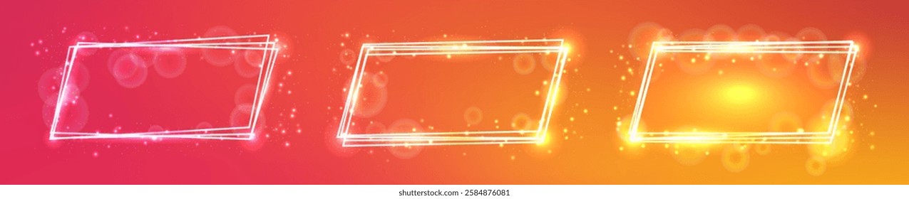Set of three neon rectangular frames with shining effects and sparkles on orange background. Empty glowing techno backdrop. Vector illustration