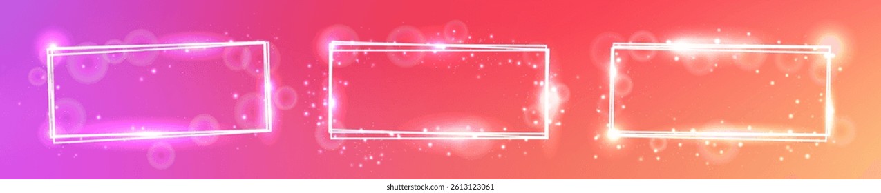 Set of three neon rectangular frames with shining effects and sparkles on orange background. Empty glowing techno backdrop. Vector illustration