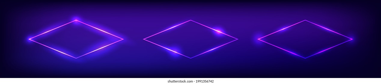 Set of three neon rhombus frames with shining effects on dark background. Empty glowing techno backdrop. Vector illustration.