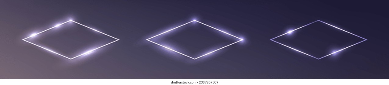 Set of three neon rhombus frames with shining effects on dark background. Empty glowing techno backdrop. Vector illustration