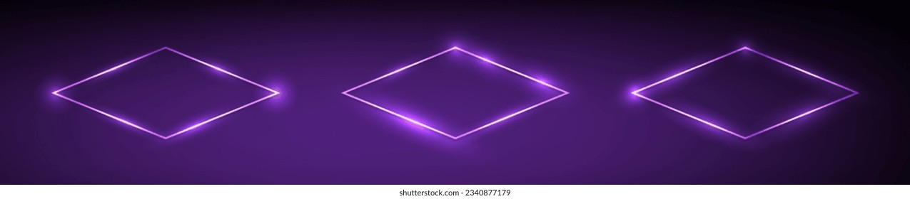 Set von drei Neon-Rhombus-Rahmen mit leuchtenden Effekten auf dunkelviolettem Hintergrund. Leere leuchtende Techno-Hintergrund. Vektorgrafik