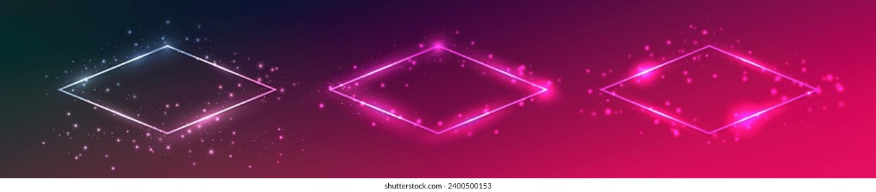 Set of three neon rhombus frames with shining effects and sparkles on dark red background. Empty glowing techno backdrop. Vector illustration