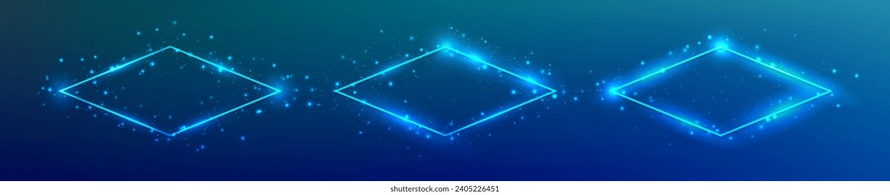 Set of three neon rhombus frames with shining effects and sparkles on blue background. Empty glowing techno backdrop. Vector illustration