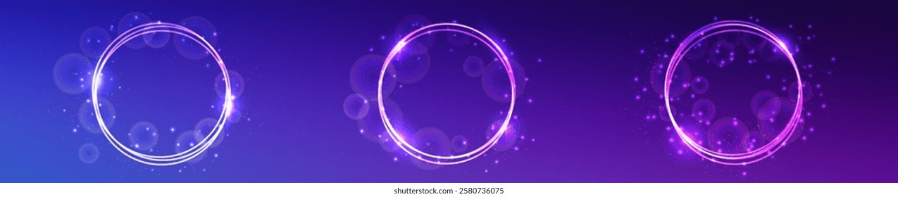 Set of three neon round frames with shining effects and sparkles on blue background. Empty glowing techno backdrop. Vector illustration