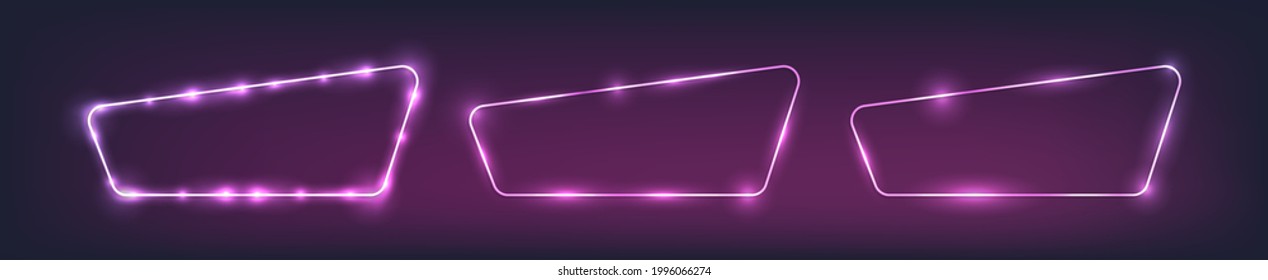 Set of three neon rounded frames with shining effects on dark background. Empty glowing techno backdrop. Vector illustration