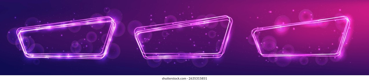 Set of three neon rounded frames with shining effects and sparkles on purple background. Empty glowing techno backdrop. Vector illustration
