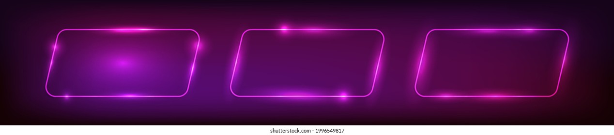 Conjunto de tres marcos paralelogramo redondeados de neón con efectos brillantes sobre el fondo oscuro. Fondo tecno brillante vacío. Ilustración del vector