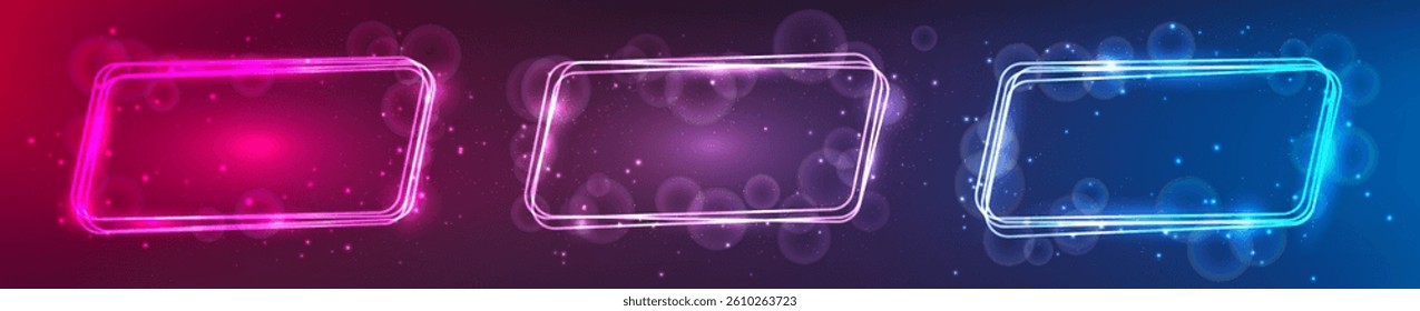 Set of three neon rounded parallelogram frames with shining effects and sparkles on purple background. Empty glowing techno backdrop. Vector illustration