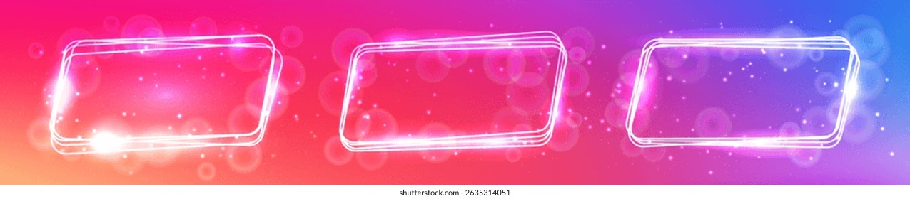 Set of three neon rounded parallelogram frames with shining effects and sparkles on purple background. Empty glowing techno backdrop. Vector illustration