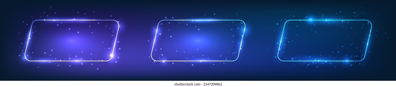 Set of three neon rounded rectangular frames with shining effects on dark background. Empty glowing techno backdrop. Vector illustration